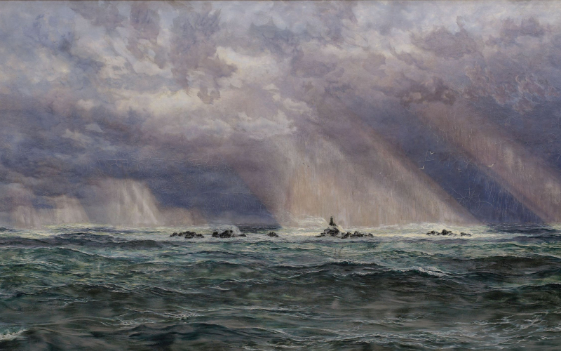 27 A North West Gale off the Longships Lighthouse, 1873 Artist John Brett.