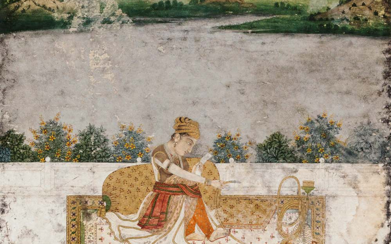 5 Persian Literary History. Miniature of a princess smoking a hookah on terrace.