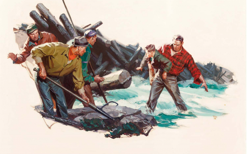 Lumberjack Rescue, probable magazine interior illustration, 1938